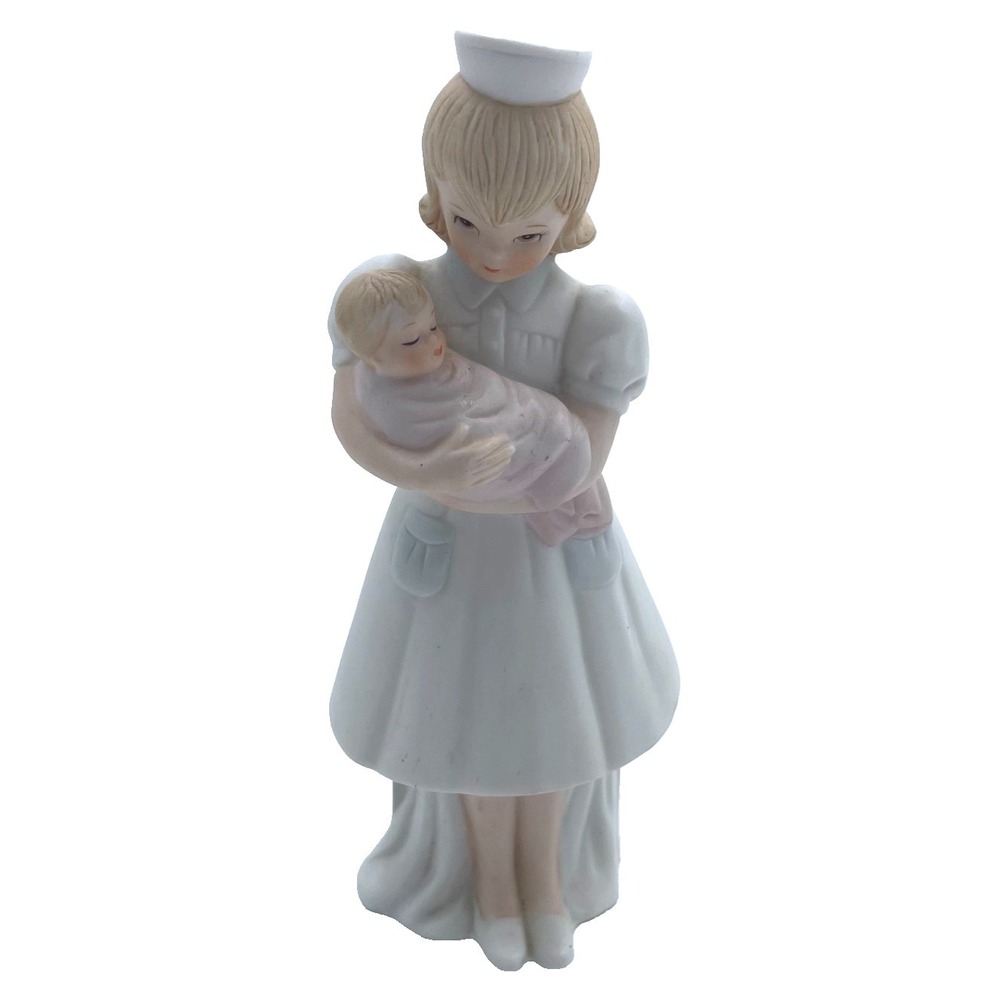 Vintage Lefton Porcelain Nurse Holding Infant Figurine 7" Original Sticker 1987